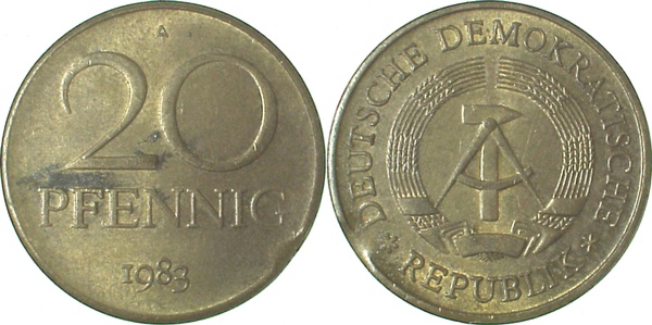 F1511b83A2.0 20Pfennig  DDR 1983A kl.Zainende vz J1511b  