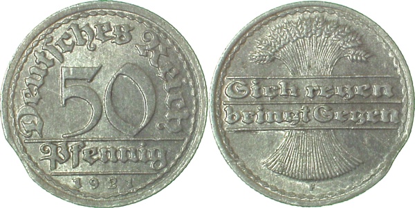 F30121F2.0 50 Pfennig  1921F VZ kl.Zainende J 301  