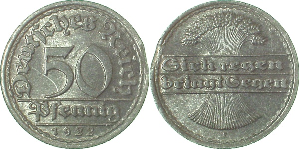 F30122F2.0 50 Pfennig  1922F VZ kl.Zainende J 301  