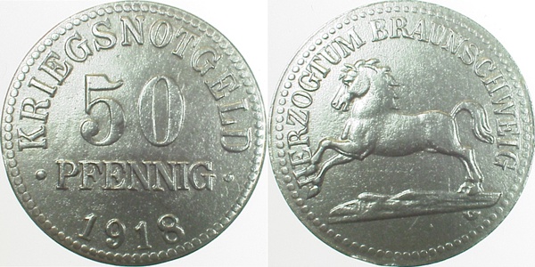 JN0418-~2.2 50 Pfennig Braunschweig 1918 f.vz!! JN04  