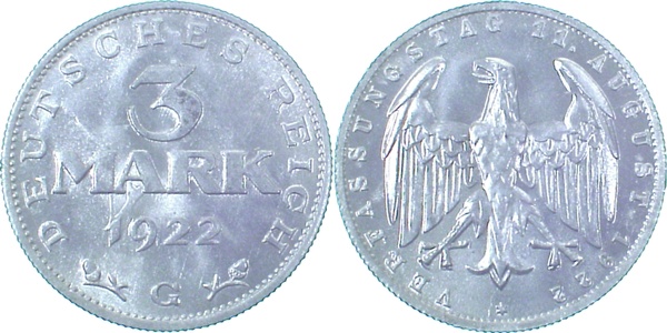 LP30322G1.2 3 Reichsmark 1922G prfr. Licht.Prägun J 303  