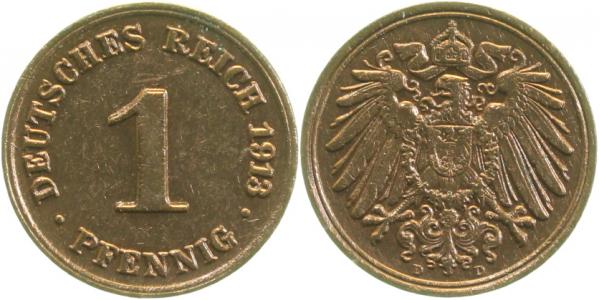 P01013D2.5 1 Pfennig  1913D doppeltes Wertzeichen ss/vz J 010  