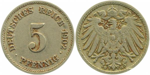 P01202G3.0 5 Pfennig  1902G linkes Mzz.doppelt J 012  