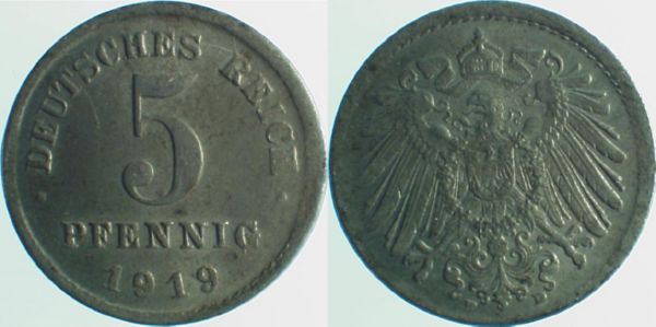 P29719D1.5 5 Pfennig  1919D vz/st. lt.dezentr. J 297  