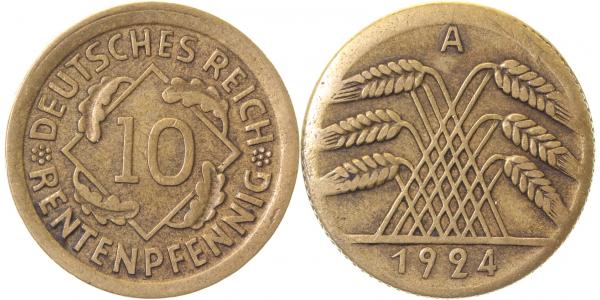 P30924A2.5c 10 Pfennig  1924A ss/vz ausserhalb des Ringes geprägt J 309  
