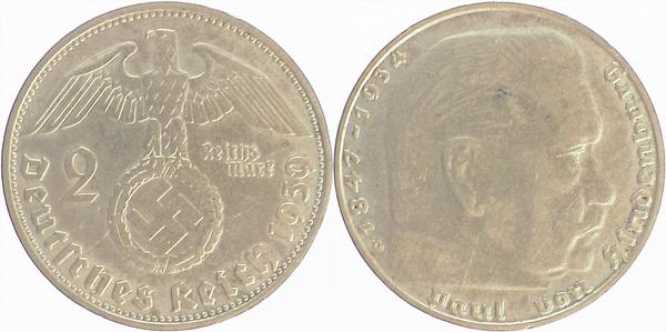 P36639D2.0 2 Reichsmark  1939D Mzz.doppelt vz J 366  