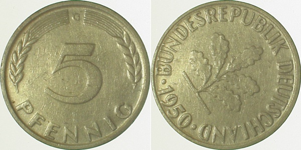 S38250G2.5 5 Pfennig  1950G S45 ss/vz J 382  