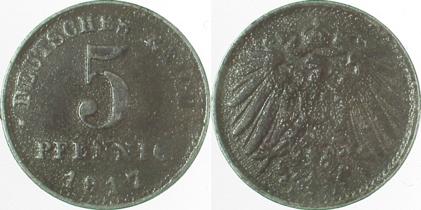 U29717A2.0 5 Pfennig  1917A glatter Rand vz J 297  