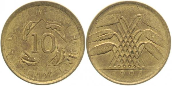 U30924-20 10 Pfennig  1924A undeutliche Prägung J 309  