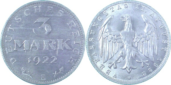 LP30322E1.2 3 Reichsmark 1922E prfr. Licht.Prägun J 303  