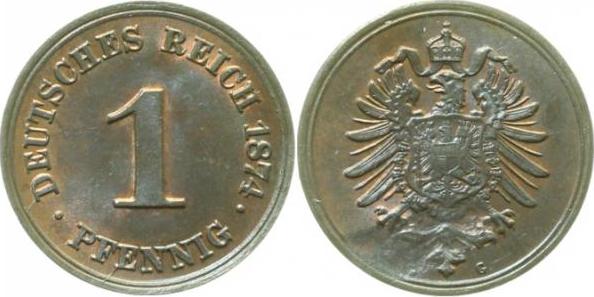 00174G~1.2 1 Pfennig  1874G f.prfr, Stempelausbruch !!!! J 001  