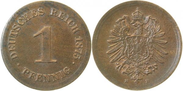 00175E~1.8b 1 Pfennig  1875E o.Ring geprägt vz+ i.d. Erh. Unikat    J 001  