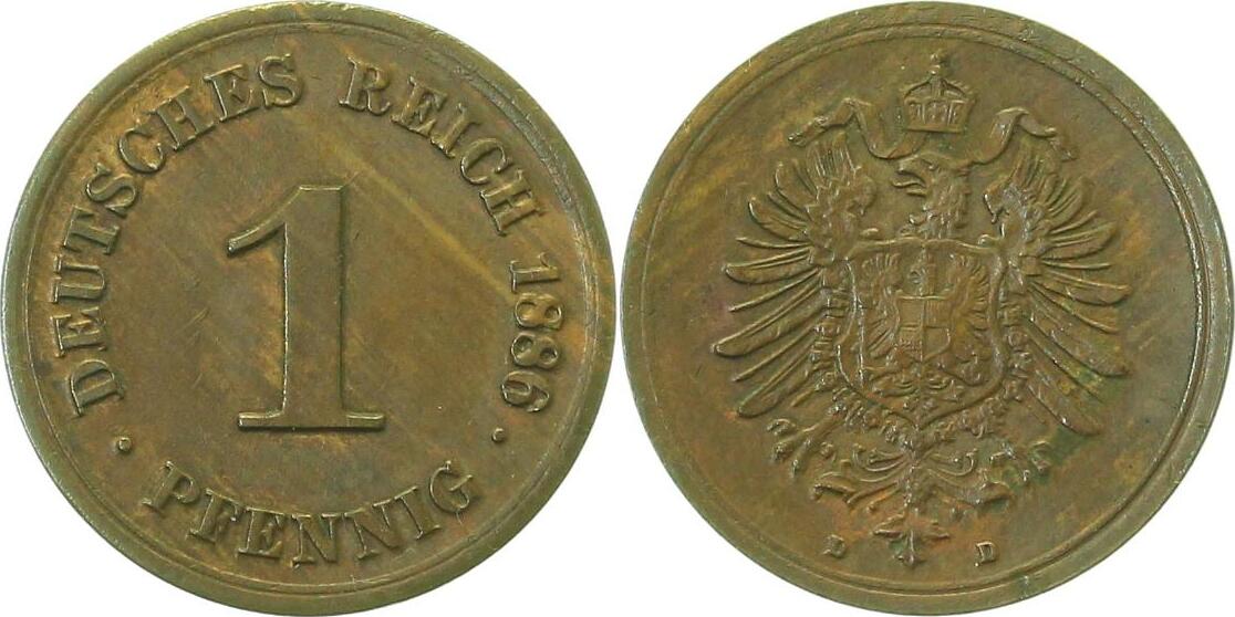 00186D~1.5-H 1 Pfennig  1886D f.prfr, relativ helle Farbe J 001  