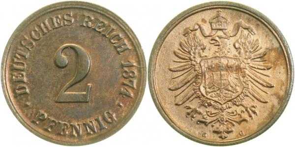 00274G~1.5-V 2 Pfennig  1874G vz/st mit leichter Riffelrand !!!!! extrem selten J 002  