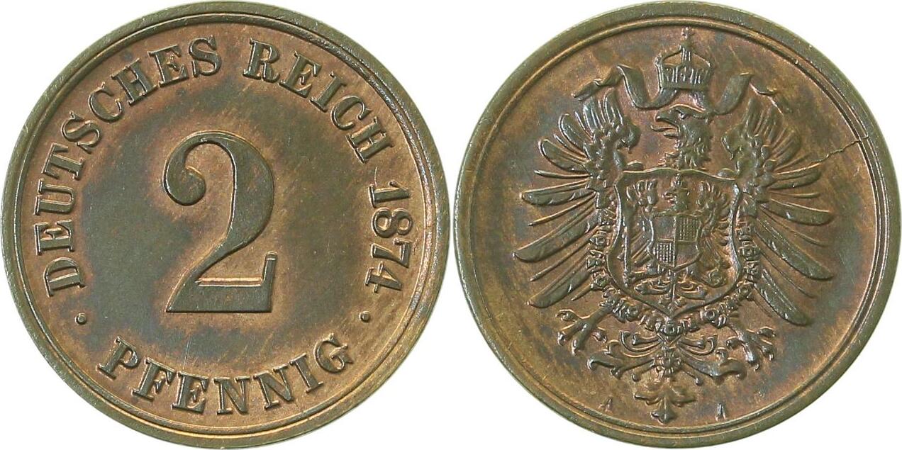 00274A~1.1b 2 Pfennig  1874A prfr/stgl !!, tlw. Originalfarbe, seideglanz J 002  