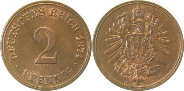 00274C~1.1 2 Pfennig  1874C prfr/stgl !!, herrlicher Seideglanz J 002  