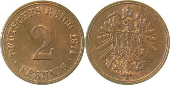 00274C~1.1 2 Pfennig  1874C prfr/stgl !!, herrlicher Seideglanz J 002  