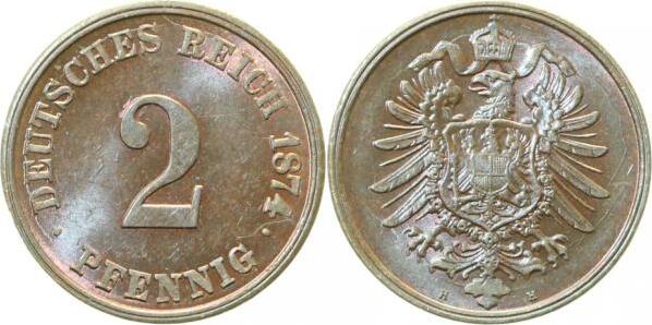 00274H~1.1 2 Pfennig  1874H prfr/stgl, beste Stück was ich je gesehen habe J 002  