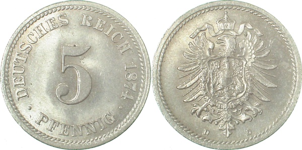 00374D~1.1 5 Pfennig  1874D prfr/st J 003  