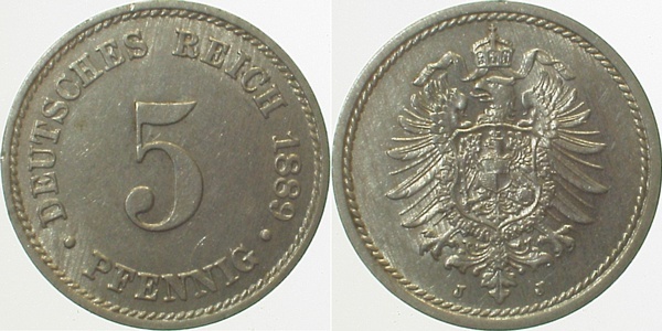 00389J~1.5b 5 Pfennig  1889J WS:vz /RS:prfr !! J 003  