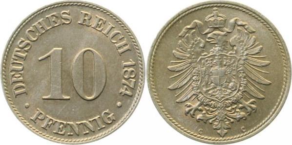 00474C~1.1 10 Pfennig  1874C prfr/stgl Patina J 004  