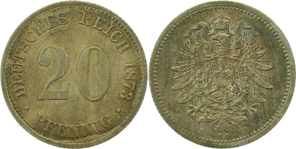 00573B~1.5b-GG-PAT 20Pfennig  1873B vz/st min. Krätzerchen, alte leichte Patina J 005  