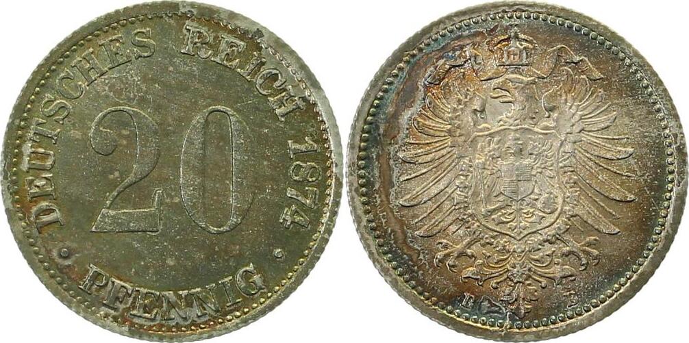 00574B~1.1a-GG-PAT 20Pfennig  1874B prfr/stgl. !!! herrliche Patina TOP, WS: Erstabschlag J 005  