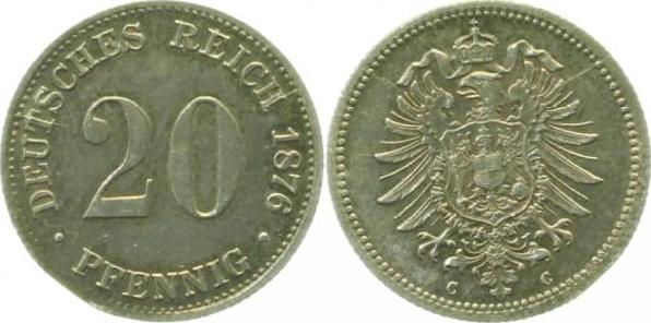 00576C~1.5b-PAT 20Pfennig  1876C vz/stgl l. Zainende, schöne Patina J 005  