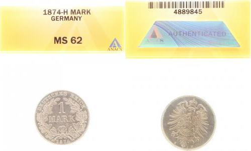 00974H~1.5a 1 Mark  1874H vz/st min. Schrötlingsfehler EA !!!! ANACS MS62 J 009  