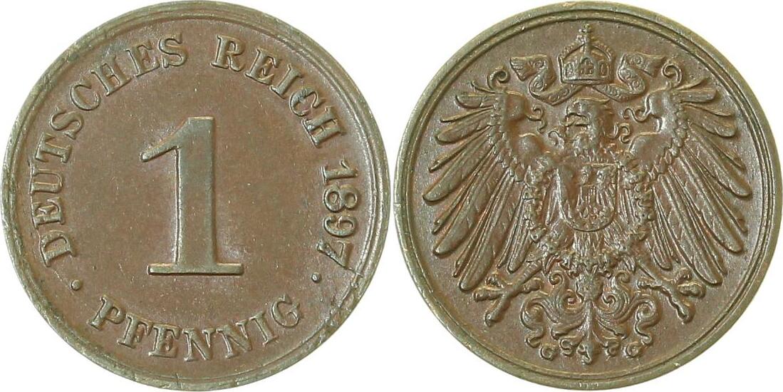 01097G~1.8-H 1 Pfennig  1897G vz !!! prägebed. etwas unsauberer Rand, selten J 010  