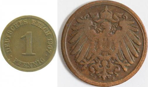 010n07J~3.2-P 1 Pfennig  1907J ss- beide Mzz. deutl. doppelt !! J 010  