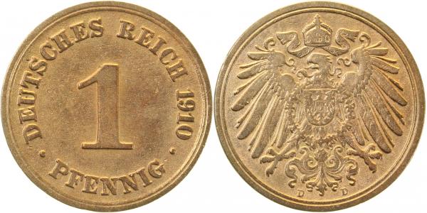 010n10D~2.5b 1 Pfennig  1910D ss/vz gereinigt J 010  