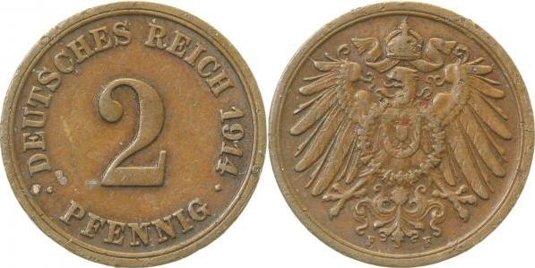 01114F~2.8b 2 Pfennig  1914F ss+ kl. Rf. 10.000 Aufl J 011  