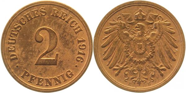 01116E~1.5b 2 Pfennig  1916E vz/st !! gereinigt J 011  