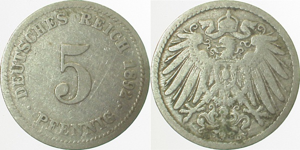 01292D~3.2 5 Pfennig  1892D ss- J 012  