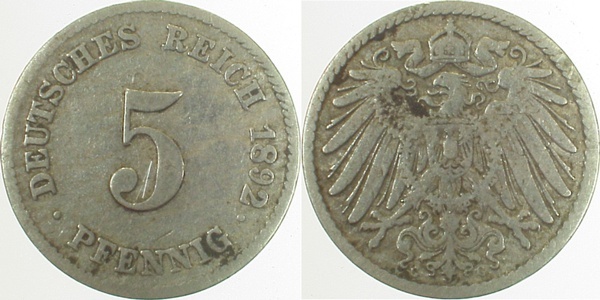 01292G~3.0 5 Pfennig  1892G ss J 012  