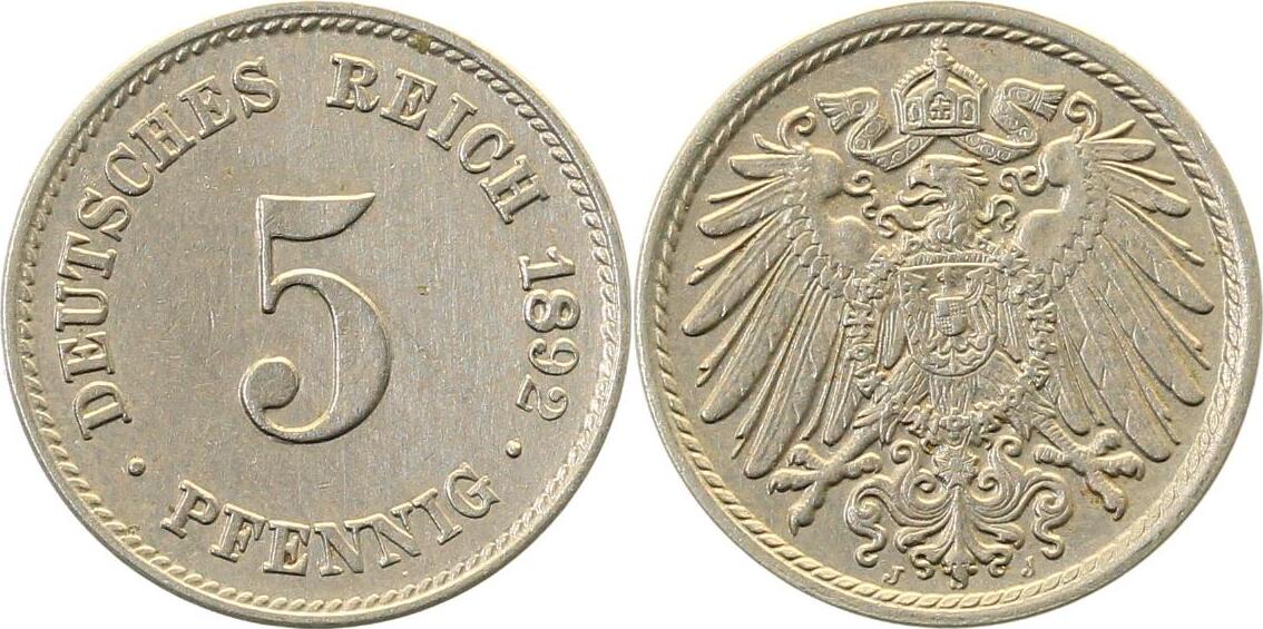 01292J~2.2-H 5 Pfennig  1892J vz+ sehr selten i.d. Erhaltung J 012  