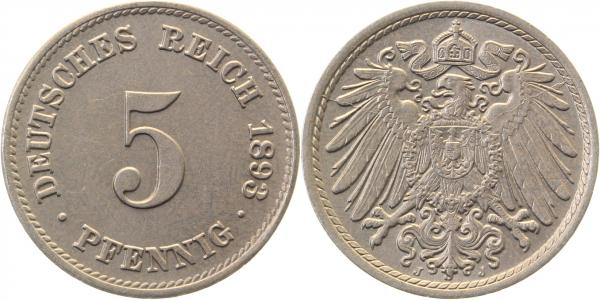 01293J~1.3 5 Pfennig  1893J prfr/stgl/prfr !! J 012  