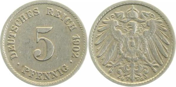 012n02G~3.0b 5 Pfennig  1902G ss linke Mzz. deutlich doppelt!! J 012  