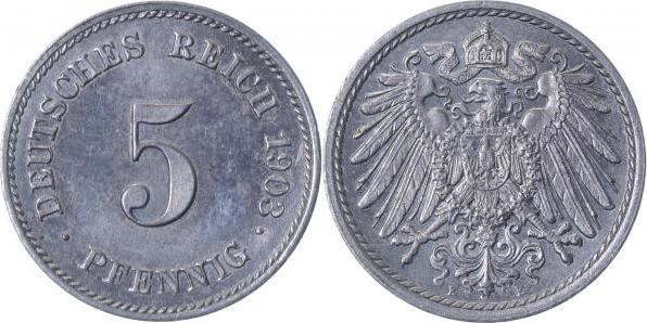 012n03E~1.3 5 Pfennig  1903E prfr/f.prfr !!! J 012  