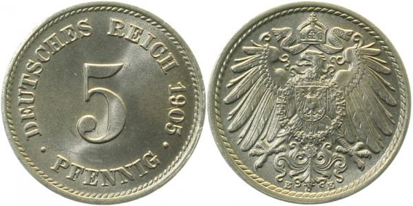 012n05E~1.1 5 Pfennig  1905E prfr/stgl !!! J 012  