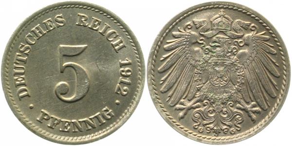 012n12G~1.1 5 Pfennig  1912G prfr/st sch.Patina!! J 012  