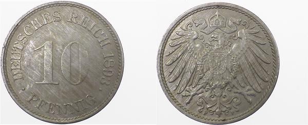 01393F~0.9b 10 Pfennig  1893F st.fein Patina Super!! J 013  