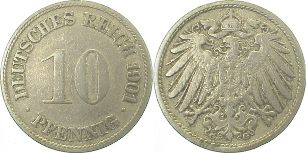 013n01G~3.0vv 10 Pfennig  1901G ss rechte Mz.stark doppelt!! J 013  