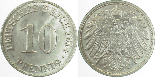 013n14D~1.2 10 Pfennig  1914D prfr J 013  
