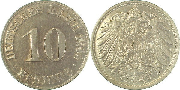 013n14D~2.0 10 Pfennig  1914D vz J 013  