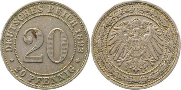 01492A~2.5b 20Pfennig  1892A ss/vz kl Randfehler J 014  