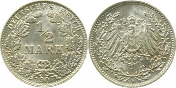 01607D~1.1v 0.5 Mark  1907D prfr/stgl, die 0 und 7 leicht doppelt !!! J 016  