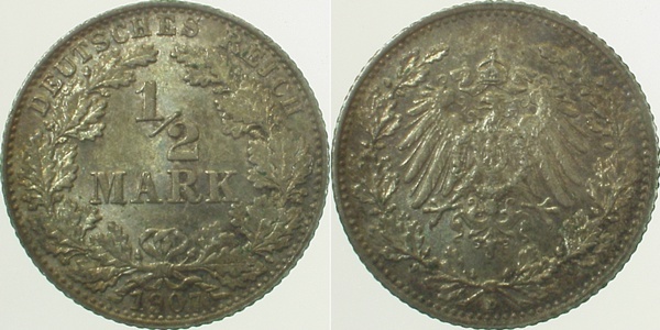 01607D~1.5b 0.5 Mark  1907D vz/st.sch.Patina J 016  