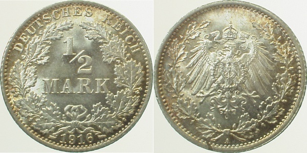 01616A~1.0a 0.5 Mark  1916A stgl. EA, herrliche Patina J 016  